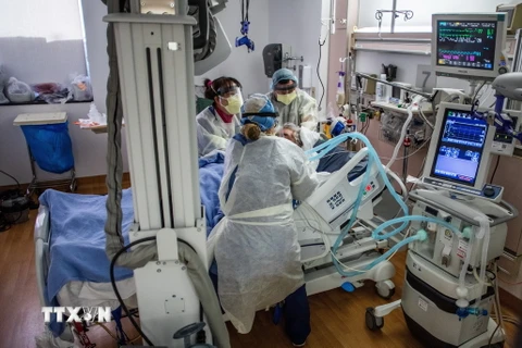 Nhân viên y tế điều trị cho bệnh nhân COVID-19 tại bệnh viện ở Tarzana, California, Mỹ. (Ảnh: AFP/TTXVN)