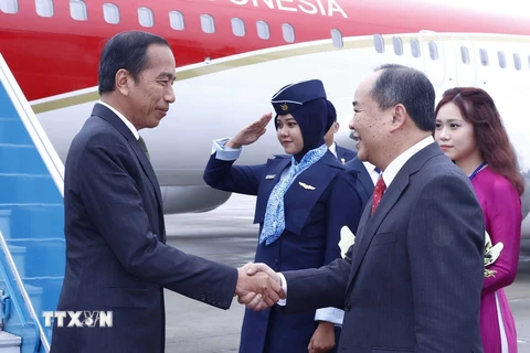 Chủ nhiệm Văn phòng Chủ tịch nước Lê Khánh Hải đón Tổng thống Indonesia Joko Widodo tại sân bay quốc tế Nội. (Ảnh: An Đăng/TTXVN)