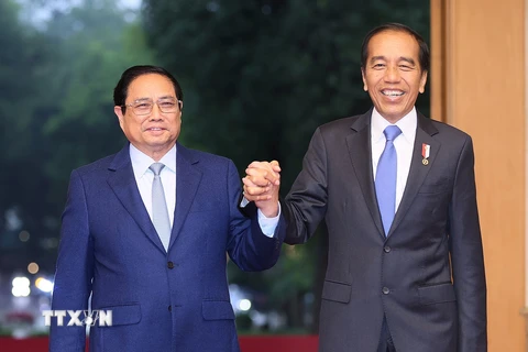 Thủ tướng Phạm Minh Chính hội kiến Tổng thống Cộng hòa Indonesia Joko Widodo. (Ảnh: Dương Giang/TTXVN)