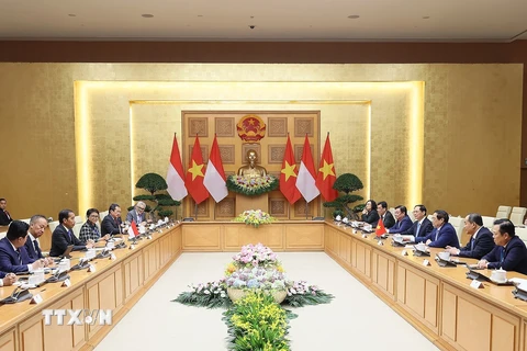 Thủ tướng Phạm Minh Chính hội kiến Tổng thống Indonesia Joko Widodo. (Ảnh: Dương Giang/TTXVN)