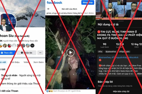 Facebook của đối tượng Siu Thoan; những hình ảnh cắt ghép về một chùm tóc giả và bộ nội tạng động vật treo trên cây rồi phao tin là 'ma lai' và những clip xuyên tạc, sai sự thật. (Ảnh: Cơ quan công an cung cấp)