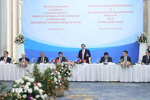 Thủ tướng Phạm Minh Chính phát biểu tại cuộc gặp gỡ doanh nghiệp Việt Nam-Philippines. (Ảnh: Dương Giang/TTXVN)