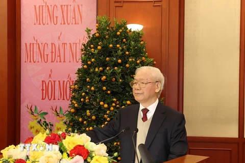 Tổng Bí thư Nguyễn Phú Trọng chúc Tết Nguyên đán Giáp Thìn 2024. (Ảnh: Trí Dũng/TTXVN)