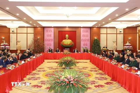Tổng Bí thư Nguyễn Phú Trọng chúc Tết Nguyên đán Giáp Thìn 2024. (Ảnh: Trí Dũng/TTXVN)