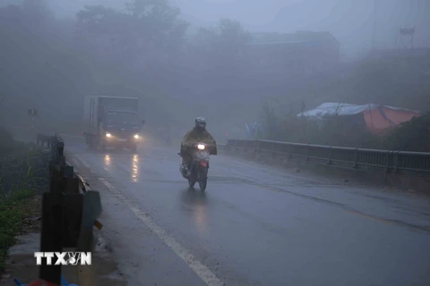 Các phương tiện di chuyển chậm do trời mưa phùn cộng thêm sương mù. (Ảnh: Quý Trung/TTXVN)