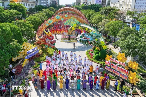 Hơn 5.000 người tham gia chương trình đồng diễn áo dài theo hướng dẫn của biên đạo múa Minh Nhật. (Ảnh: Thu Hương/TTXVN)