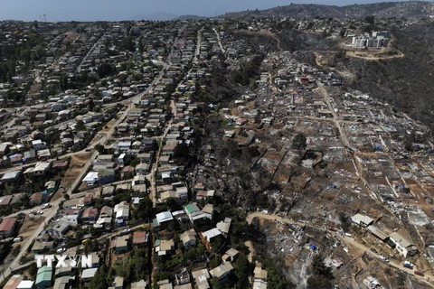Những ngôi nhà bị thiêu rụi trong đám cháy rừng tại Las Pataguas, Viña Del Mar, Chile, ngày 8/2/2024. (Ảnh: AFP/TTXVN)