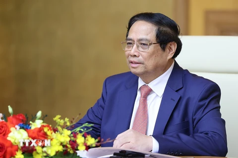 Thủ tướng Phạm Minh Chính phát biểu tại buổi tiếp đoàn doanh nghiệp hàng đầu Hà Lan. (Ảnh: Dương Giang/TTXVN)