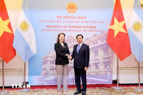 Bộ trưởng Ngoại giao Bùi Thanh Sơn đón Bộ trưởng Ngoại giao, Ngoại thương và Tôn giáo Argentina Diana Elena Mondino. (Ảnh: Lâm Khánh/TTXVN)