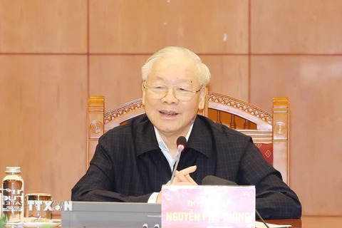 Tổng Bí thư Nguyễn Phú Trọng phát biểu kết luận phiên họp Tiểu ban Nhân sự Đại hội XIV của Đảng. (Ảnh: Trí Dũng/TTXVN)