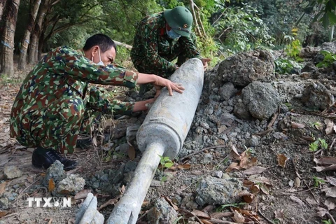 Trung tâm xử lý bom mìn Binh đoàn 16 xử lý và di dời quả bom MK-82 (Snake Eye) nặng hơn 150kg, được phát hiện tại công trình xây dựng, nạo vét suối thuộc ấp 4, xã Tân Thành, thành phố Đồng Xoài, tỉnh Bình Phước. (Ảnh: TTXVN phát)
