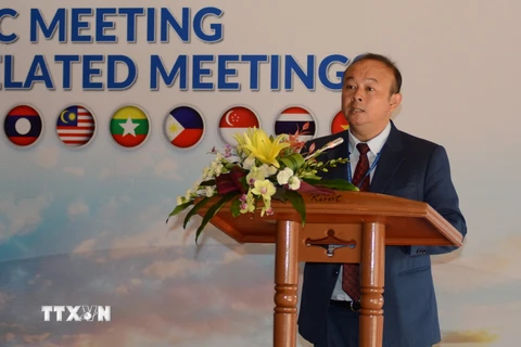 Chủ tịch Nhóm Công tác về Hợp tác Sở hữu Trí tuệ các nước ASEAN (AWGIPC) Xaysomphet Norasingh phát biểu. (Ảnh: Văn Dũng/TTXVN)