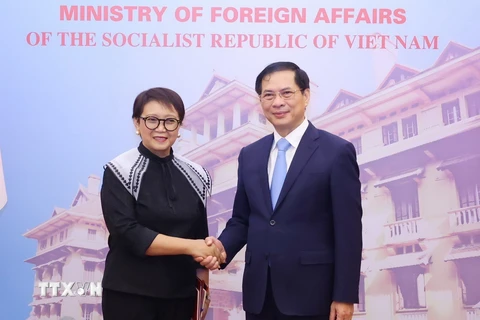 Bộ trưởng Ngoại giao Bùi Thanh Sơn với Bộ trưởng Ngoại giao Indonesia Retno Marsudi. (Ảnh: Phạm Kiên/TTXVN)