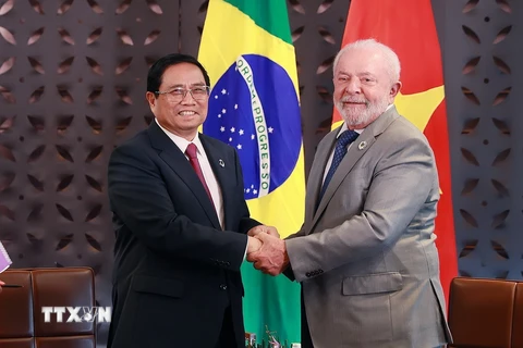 Thủ tướng Phạm Minh Chính hội kiến Tổng thống Brazil Luiz Inácio Lula da Silva hồi tháng 5/2023. (Ảnh: Dương Giang/TTXVN)