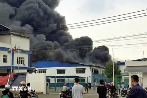 Đám cháy tại Công ty Trách nhiệm hữu hạn Xin Rong International tạo ra cột khói đen cao hàng chục mét. (Ảnh: TTXVN phát)