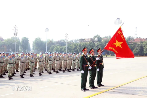 Cán bộ, sỹ quan, quân nhân Cục Gìn giữ Hòa bình Việt Nam tại Lễ báo công dâng Bác. (Ảnh: Trọng Đức/TTXVN)