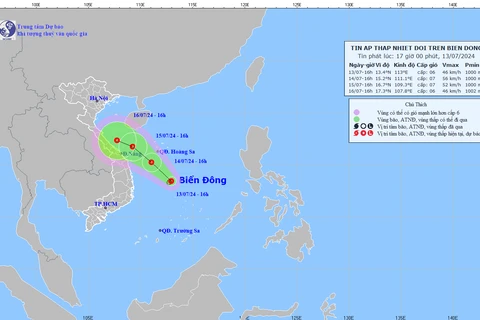 Vị trí và đường đi của áp thấp nhiệt đới. (Nguồn: Trung tâm Dự báo Khí tượng Thủy văn Quốc gia)