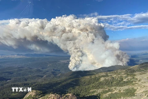 Khói bốc lên từ một đám cháy rừng tại British Columbia, Canada hồi năm 2023. (Ảnh: AFP/TTXVN)