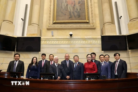 Đoàn đại biểu Ủy ban Đối ngoại Quốc hội Việt Nam và Phó Chủ tịch thứ nhất Thượng viện Colombia Jhon Jairo Roldán Avendaño tại trụ sở Thượng viện ở thủ đô Bogota. (Ảnh: Phi Hùng/TTXVN)