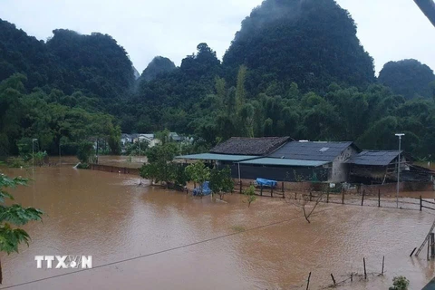 Nhiều nhà dân ở ven suối tại thị trấn Trà Lĩnh, huyện Trùng Khánh, tỉnh Cao Bằng bị ngập lụt. (Ảnh: TTXVN phát)