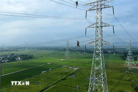 Thi công đường dây 500kV mạch 3. (Ảnh: Việt Hoàng/TTXVN)