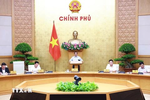 Thủ tướng Phạm Minh Chính chủ trì phiên họp Chính phủ chuyên đề về xây dựng pháp luật tháng 8 năm 2024. (Ảnh: Dương Giang/TTXVN)