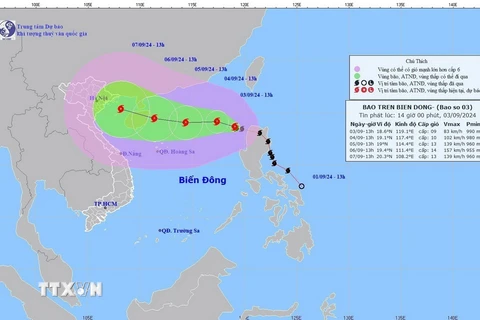 Hướng di chuyển của bão số 3. (Ảnh: TTXVN phát)