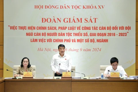 Chủ tịch Hội đồng Dân tộc Y Thanh Hà Niê Kđăm - Trưởng Đoàn giám sát phát biểu tại cuộc làm việc. (Nguồn: Cổng Thông tin Điện tử Quốc hội Việt Nam)