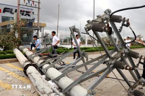 Hàng loạt cột điện ở Khu công nghiệp Sông Khoai bị đổ gãy. (Ảnh: Văn Đức/TTXVN)