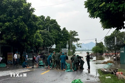 Lượng chức năng xã và huyện Ứng Hòa tập trung ứng phó, đắp tải cát để bảo vệ những điểm xung yếu tại đập tràn Dốc Bồ. (Ảnh: Nguyễn Văn Cảnh/TTXVN)