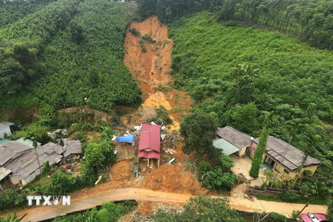 Vụ sạt lở tại thôn Bảo Tân, xã Minh Bảo, thành phố Yên Bái - nơi cướp đi sinh mạng của 4 người trong một gia đình vào ngày 10/9 vừa qua. (Ảnh: Tuấn Anh/TTXVN)