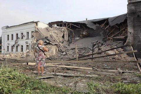 Một tòa nhà bị phá hủy sau cuộc tấn công của Nga vào Ukraine. (Nguồn: Getty Images)