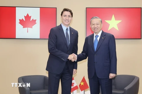 Tổng Bí thư, Chủ tịch nước Tô Lâm tiếp xúc song phương với Thủ tướng Canada Justin Trudeau. (Ảnh: Trí Dũng/TTXVN)