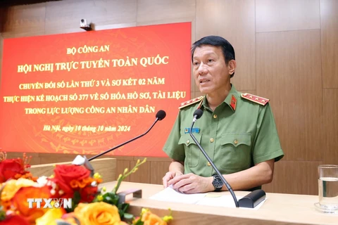 Thượng tướng Lương Tam Quang, Bộ trưởng Bộ Công an phát biểu chỉ đạo. (Ảnh: Phạm Kiên/TTXVN)