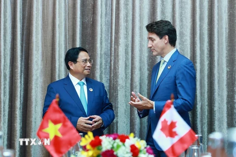 Thủ tướng Phạm Minh Chính gặp Thủ tướng Canada Justin Trudeau. (Ảnh: Dương Giang/TTXVN)