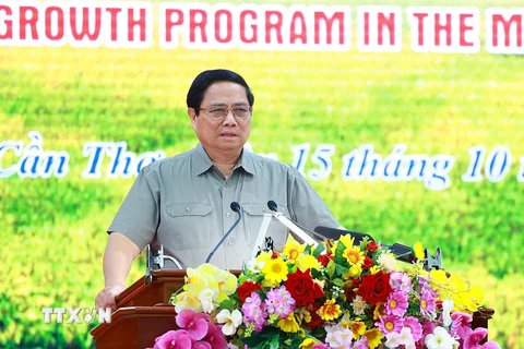 Thủ tướng Phạm Minh Chính chủ trì Hội nghị triển khai đề án phát triển bền vững một triệu hécta lúa vùng Đồng bằng sông Cửu Long. (Ảnh: Dương Giang/TTXVN)