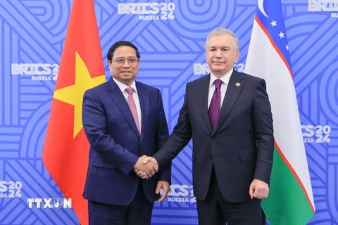 Thủ tướng Phạm Minh Chính gặp Tổng thống Uzbekistan Shavkat Mirziyoyev. (Ảnh: Dương Giang/TTXVN)