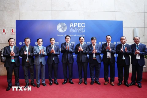 Hội đồng Tư vấn Kinh doanh APEC (ABAC) Việt Nam đón Chủ tịch nước Lương Cường và các đại biểu dự Hội nghị Thượng đỉnh Doanh nghiệp APEC – CEO Summit. (Ảnh: Lâm Khánh/TTXVN)