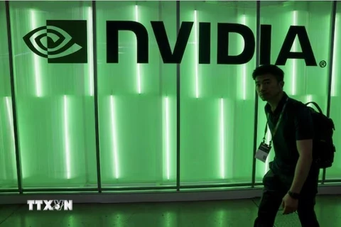 Biểu tượng của Tập đoàn Nvidia tại triển lãm máy tính ở Đài Loan (Trung Quốc). (Ảnh: Reuters/TTXVN)