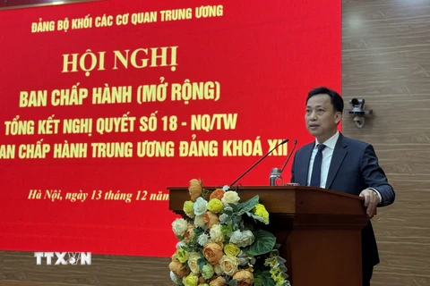 Phó Bí thư Thường trực Đảng ủy Khối Lại Xuân Lâm phát biểu tại Hội nghị. (Ảnh: Diệp Trương/TTXVN)