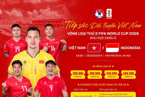 Giá vé chính thức của trận đấu Việt Nam gặp Indonesia trong khuôn khổ lượt về Vòng loại thứ Hai World Cup 2026 khu vực châu Á. (Ảnh: VFF)