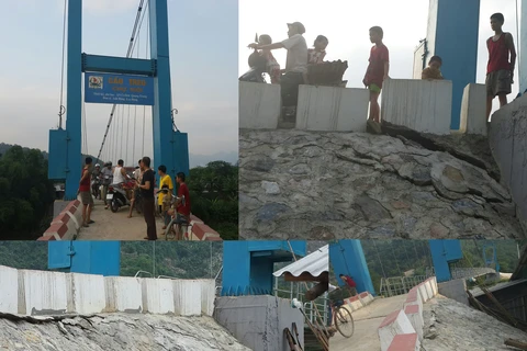 Cầu treo dân sinh tại huyện Chợ Mới vừa đi vào hoạt động đã xuất hiện nhiều dấu hiệu xuống cấp. (Ảnh: Nhà báo Quốc Cường cung cấp)
