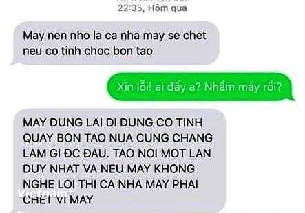 Nội dung tin nhắn đe dọa được gửi tới số máy của nhà báo Nguyễn Thu Trang (Ảnh: Nhà báo Thu Trang cung cấp) 