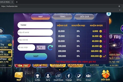 Huthantai.club tiếp tục sử dụng hình thức đổi thẻ viễn thông lấy tiền trong game như RikVip. (Ảnh chụp màn hình) 