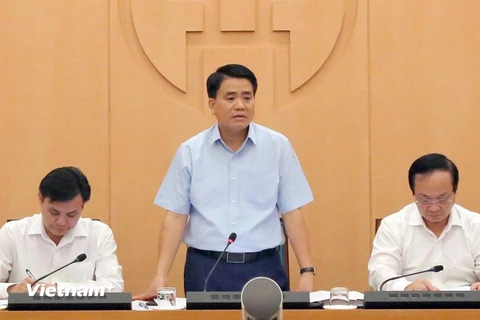 Chủ tịch Ủy ban nhân dân thành phố Hà Nội Nguyễn Đức Chung tại cuộc họp chiều 5/9. (Ảnh: PV/Vietnam+) 