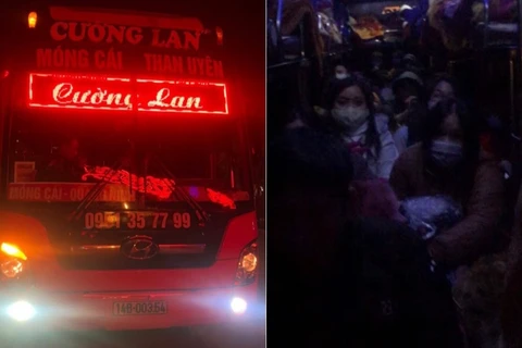Chiếc xe chạy tuyến Quảng Ninh - Lai Châu vi phạm chở 78/47 hành khách. (Ảnh: PV/Vietnam+) 