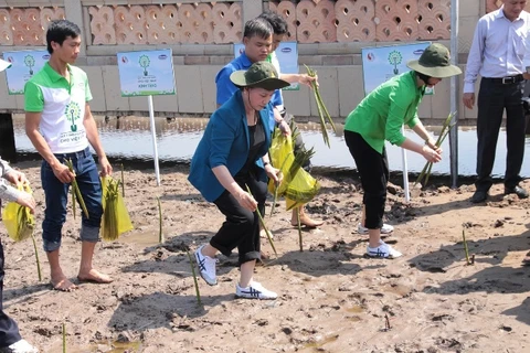 Bà Nguyễn Thị Kim Ngân - Ủy viên Bộ Chính trị, Chủ tịch Quốc Hội và các đại biểu trồng cây đước tại xã Đất Mũi.