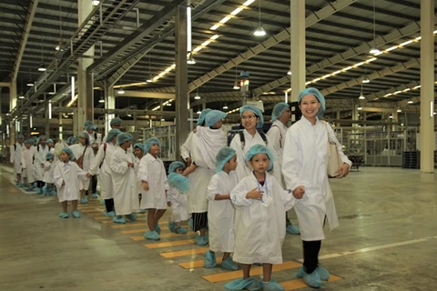 Các bé được các cô chú nhân viên hướng dẫn đi tham quan bên trong Nhà máy