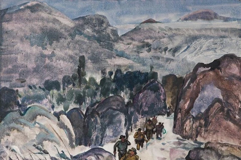  Đường Trường Sơn theo dòng suối, 1995 - Thuốc nước trên giấy, 64 x 80 cm – Họa sĩ Nguyễn Thanh Châu