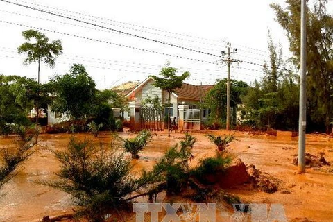 Nước bùn đỏ chảy tràn cả vào nhà các hộ dân. (Ảnh: Nguyễn Thanh/TTXVN)